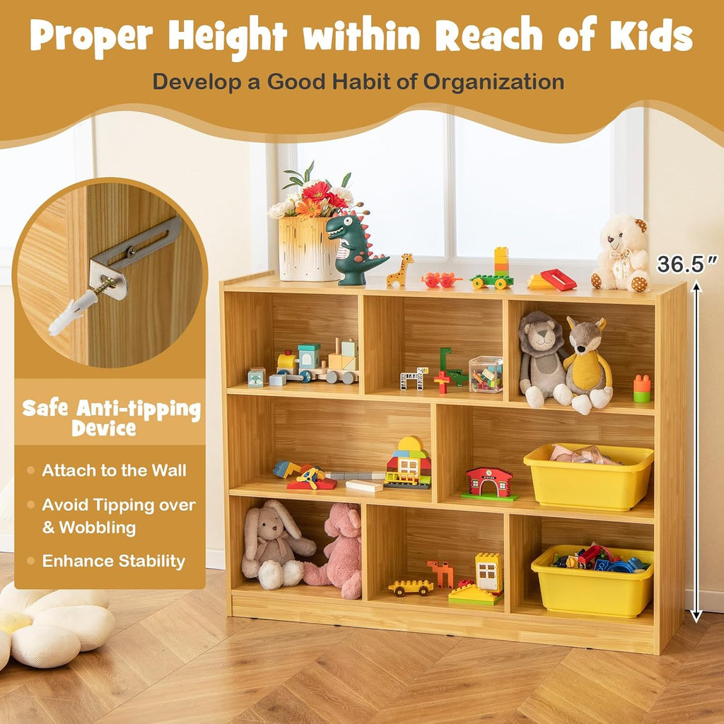 KOTEK Toy Storage Organizer, 8 Cubby Kids Bookshelf, Wooden 4-Tier Bookcase Storage Cabinet, Open Display Book Shelf for Daycare, Nursery, School Classroom, Living Room & Bedroom (Burlywood, 8 Cubes)