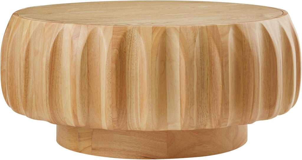 31.5'' Walnut Round Wood Coffee Table for Living Room, Modern Contemporary Circle Fluted Drum Pedestal Coffee Table, Natural Wood Grain & Easy Assembly, Natural