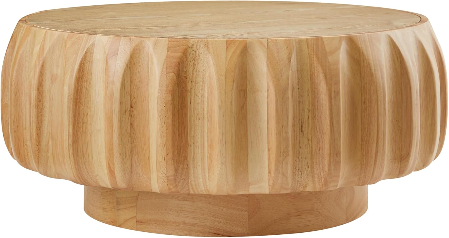 31.5'' Walnut Round Wood Coffee Table for Living Room, Modern Contemporary Circle Fluted Drum Pedestal Coffee Table, Natural Wood Grain & Easy Assembly, Natural