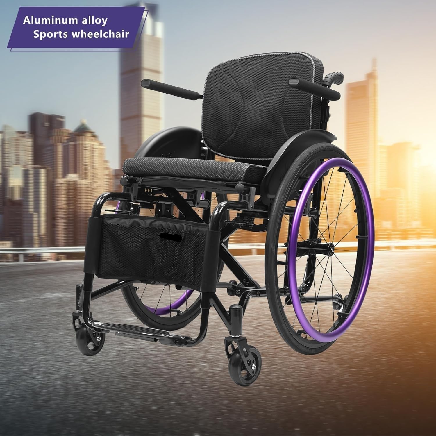Wheelchair For Adults,Folding Lightweight Sports Wheelchair With Armrests,All-Terrain Aluminum Alloy Wheelchair,Adjustable Seat Height,Handbrakes Quick Release Rear Wheels Anti-Tip Wheels(Purple,42cm/