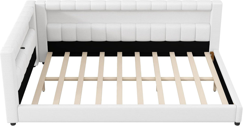 Upholstered Full XL Size Daybed with LED and USB Ports, L-Shaped Corner Day Bed with Storage Shelves Headboard,Space Saving for Girls Adults Kids Boys, White
