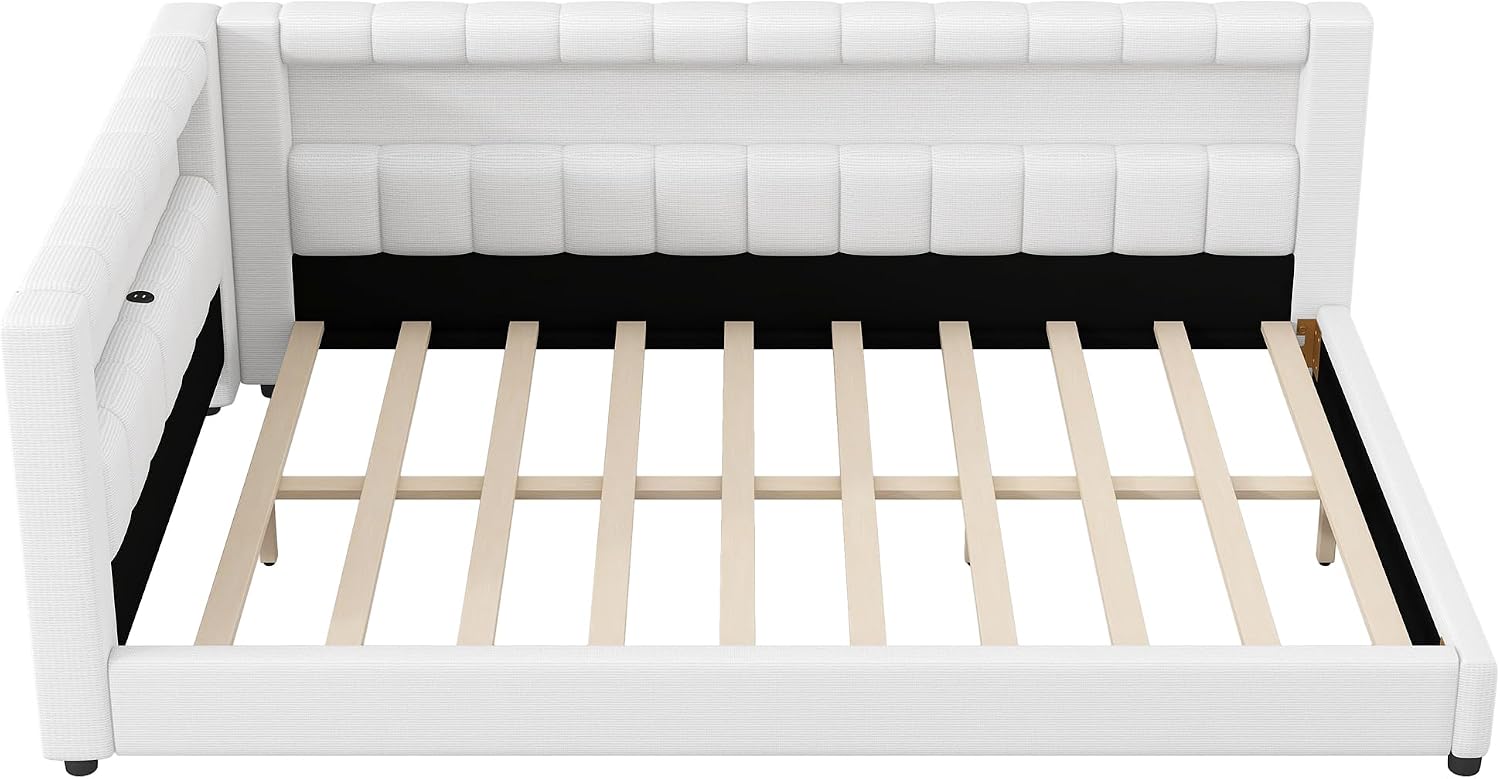 Upholstered Full XL Size Daybed with LED and USB Ports, L-Shaped Corner Day Bed with Storage Shelves Headboard,Space Saving for Girls Adults Kids Boys, White
