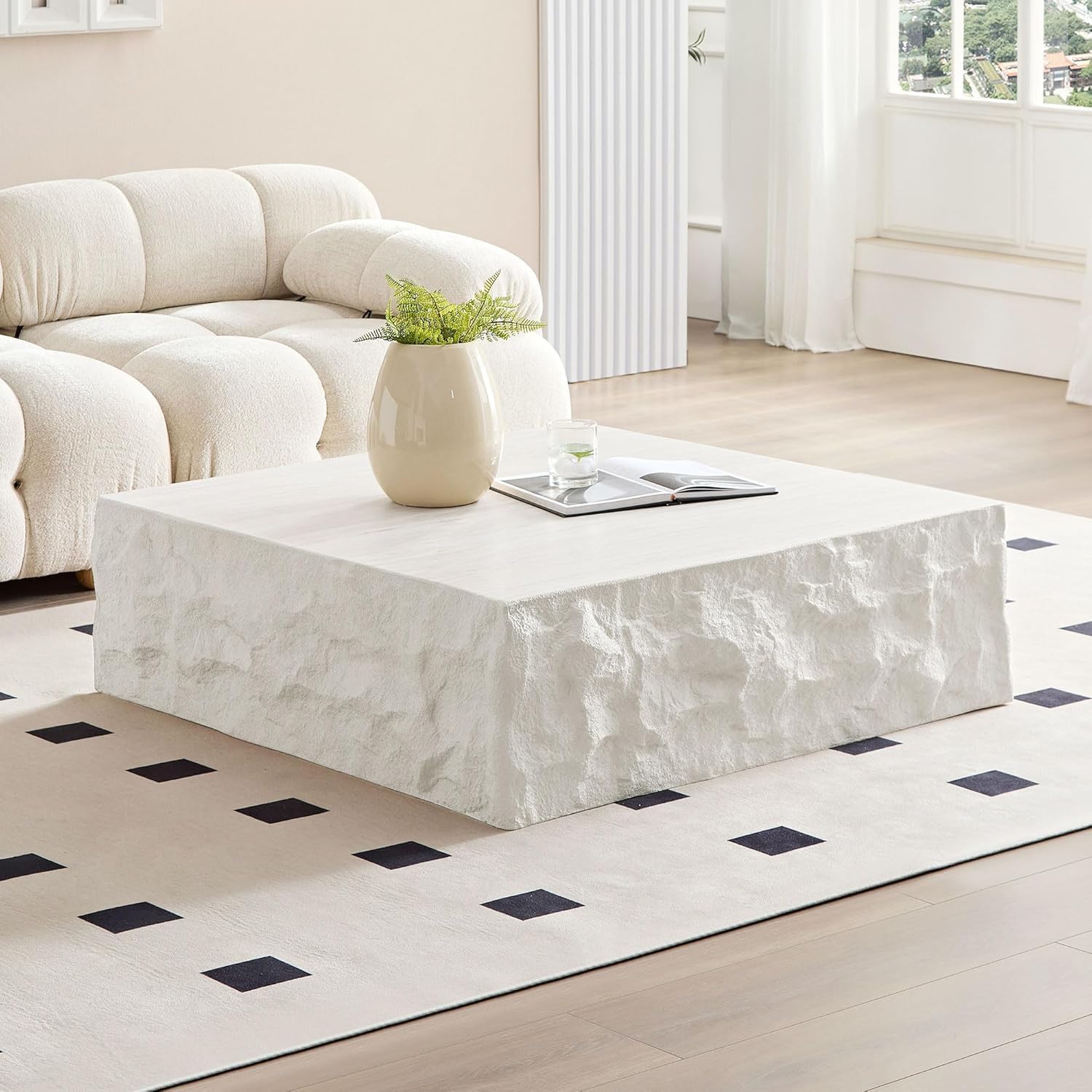 35.43'' Modern Square Coffee Tables for Living Room, Faux Marble Stone Minimalist Side Table, Fiberglass Center Table Accent End Table for Apartment,Office,No Need Assembly,Beige