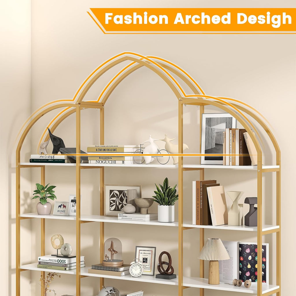 Arched Bookshelves and Bookcases: Triple Wide 5-Tier Large Open Bookshelf, Etagere Bookcase with Display Shelf for Home Office, White and Gold