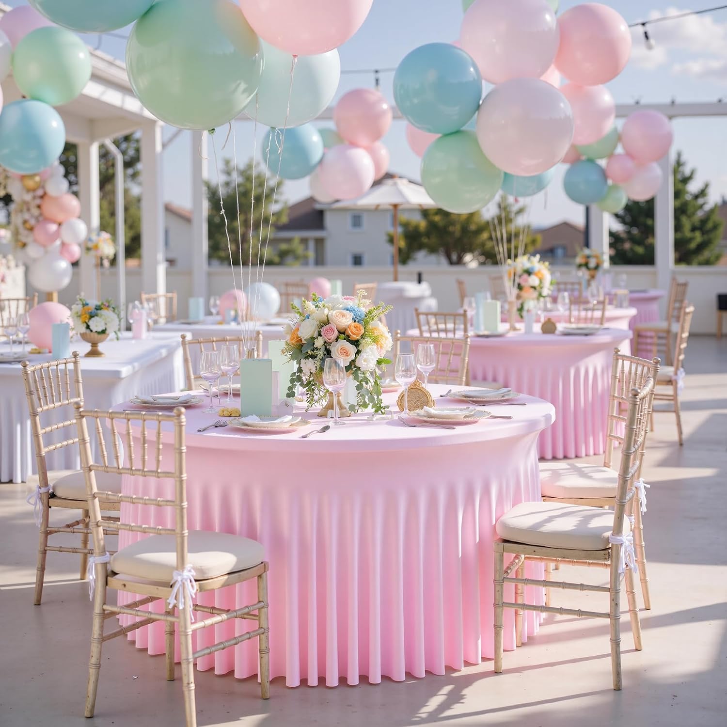 NSSONBEN 6 pk Baby Pink Round Spandex Tablecloths 60 in with Ruffled Skirt,Wrinkle Free High-Stretch 120 inch Pink Table Cloth Fitted 6ft Round Tables,Spandex Table Covers 6ft for Girl Party Banquet