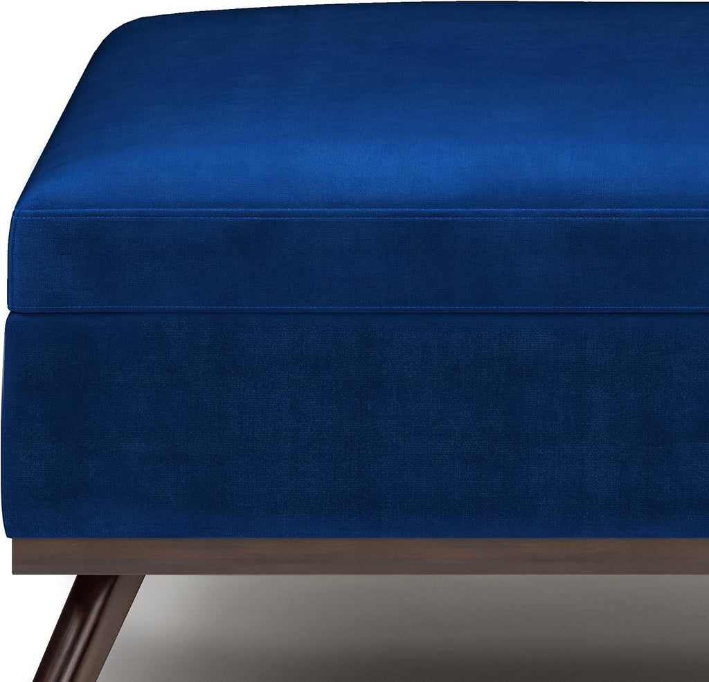 SIMPLIHOME Owen 36 inch Wide Mid Century Modern Square Coffee Table Storage Ottoman in Blue Velvet Fabric, Assembled, for the Living Room, Entryway and Family Room