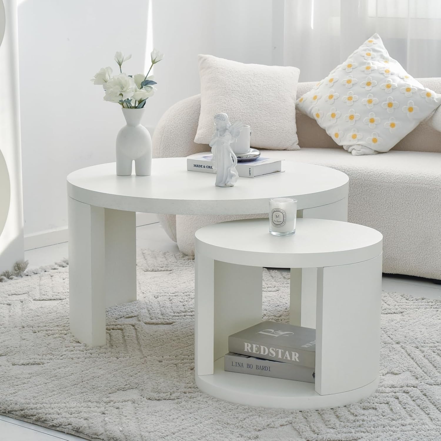 Round Coffee Table Set of 2, Nesting Coffee Tables with Storage, Living Room Table Set, Modern Wood Center Table for Living Room, Apartment, 31.5' & 18' Accent Table Set, Textured White