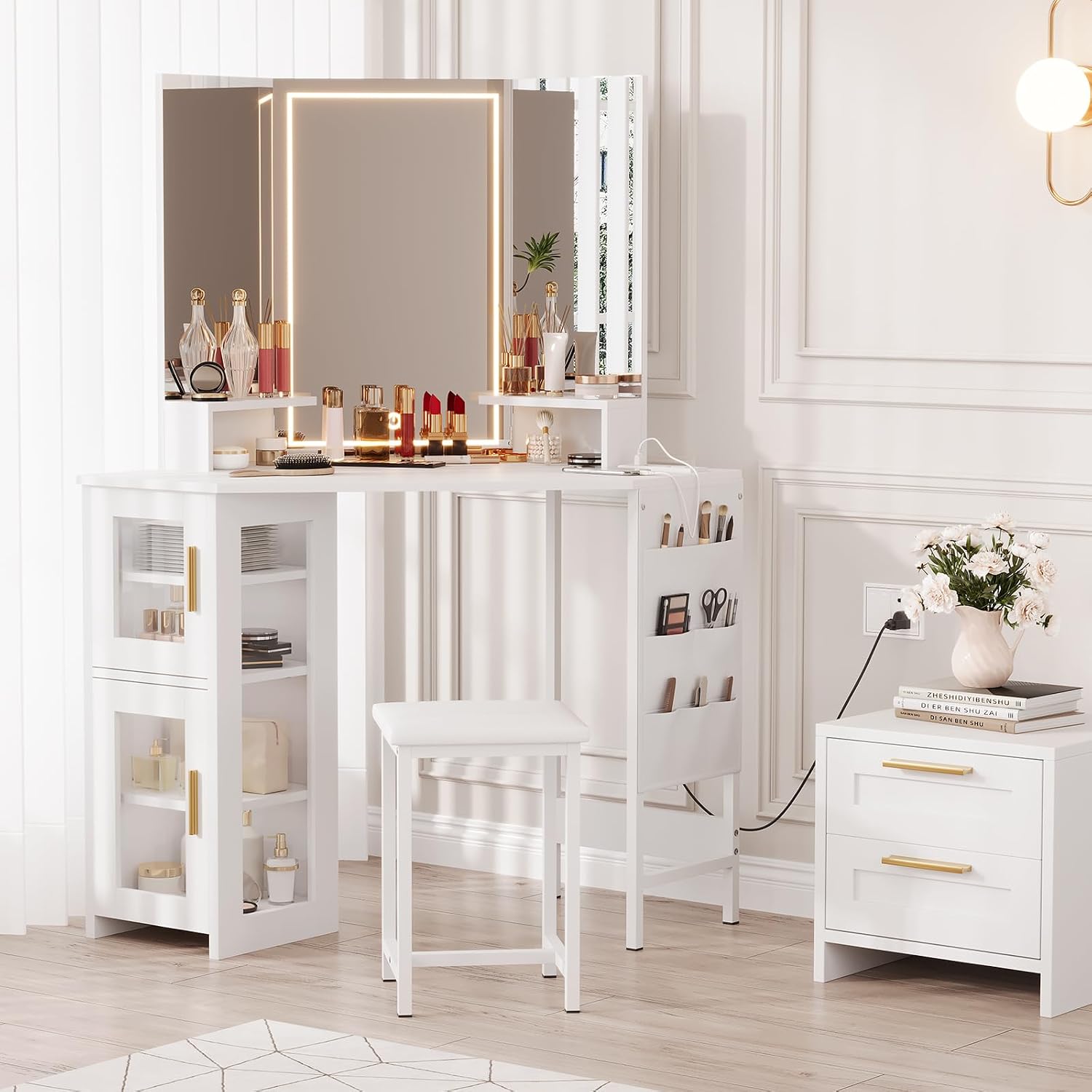 Corner Makeup Vanity Desk with Mirror Lights, Dimmable LED Vanity & USB Charging Station, Storage Cabinet & Stool, Adjustable Shelf, Bedroom Vanity for Women Girls, White