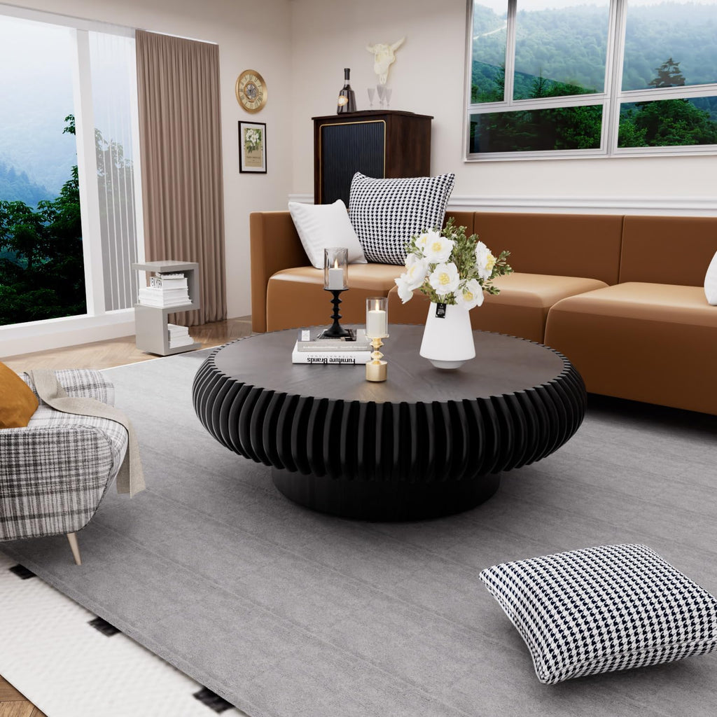 39.3' Drum Coffee Table Modern Unique Fluted Tea Table Contemporary Wood Round Coffee Table with Fluted Centry Table for Living Room Walnut (39.3' Black)