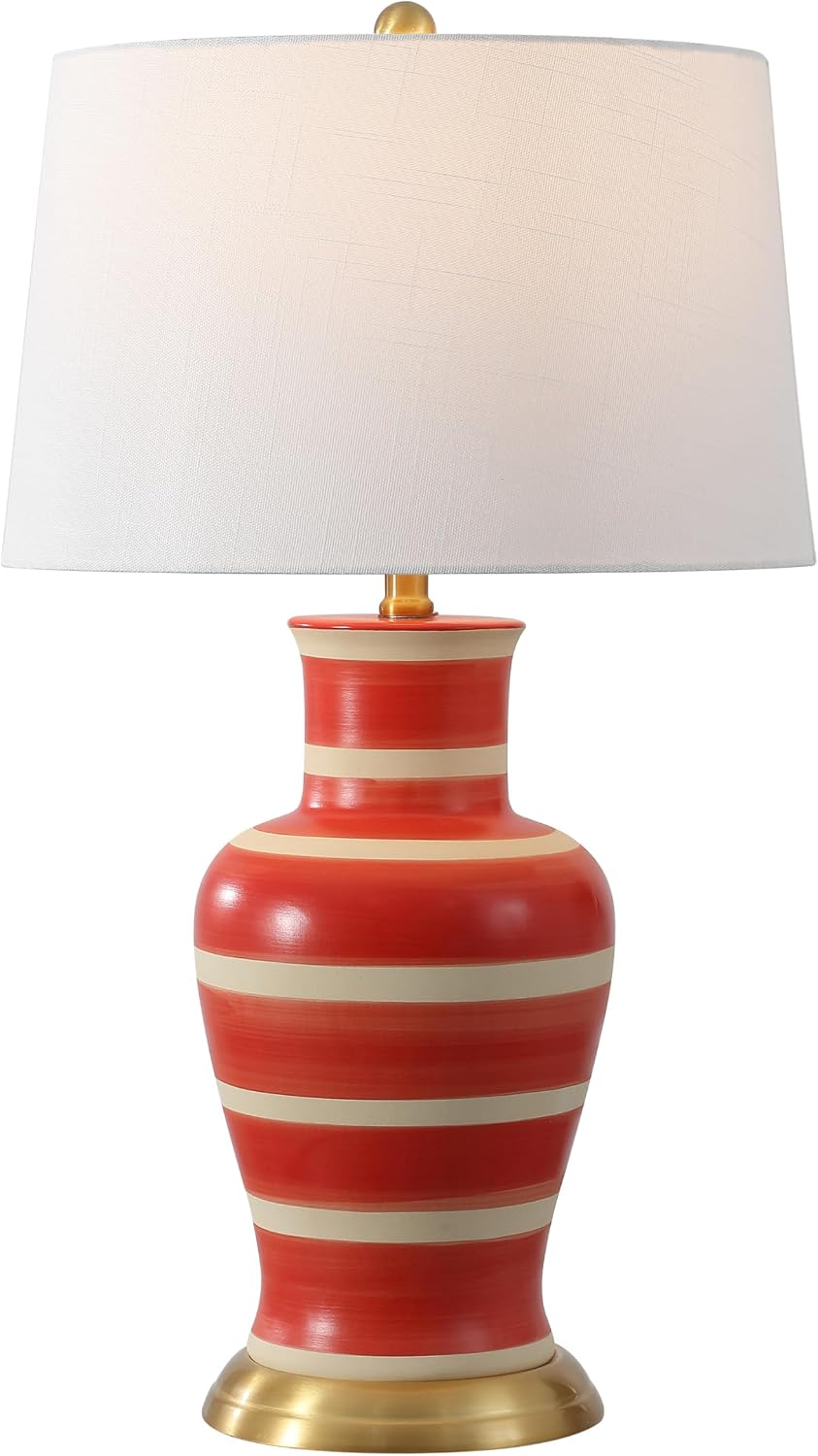 JONATHAN Y 29' Red/Beige Traditional Ceramic Urn LED Table Lamp for Bedroom Decor, White Linen Drum Shade, Classic Nightstand Lamp for Living Room, LED Bulb Included (JYL4026K)