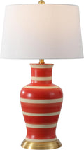 JONATHAN Y 29' Red/Beige Traditional Ceramic Urn LED Table Lamp for Bedroom Decor, White Linen Drum Shade, Classic Nightstand Lamp for Living Room, LED Bulb Included (JYL4026K)