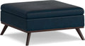 SIMPLIHOME Owen Square Coffee Table Storage Ottoman - 36 inch Wide Upholstered Vegan Leather Lift-Top Ottoman in Distressed Dark Blue, Mid-Century Modern Ottoman for Living Room with Tufted Detail