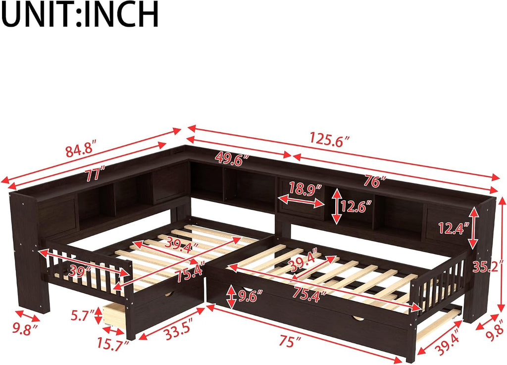 JIJIWANG L-Shaped Twin Platform Bed with Trundle & Storage Shelves, Solid Wood Space-Saving Corner Bed with Drawers, No Spring Box Needed, for Bedroom,Espresso
