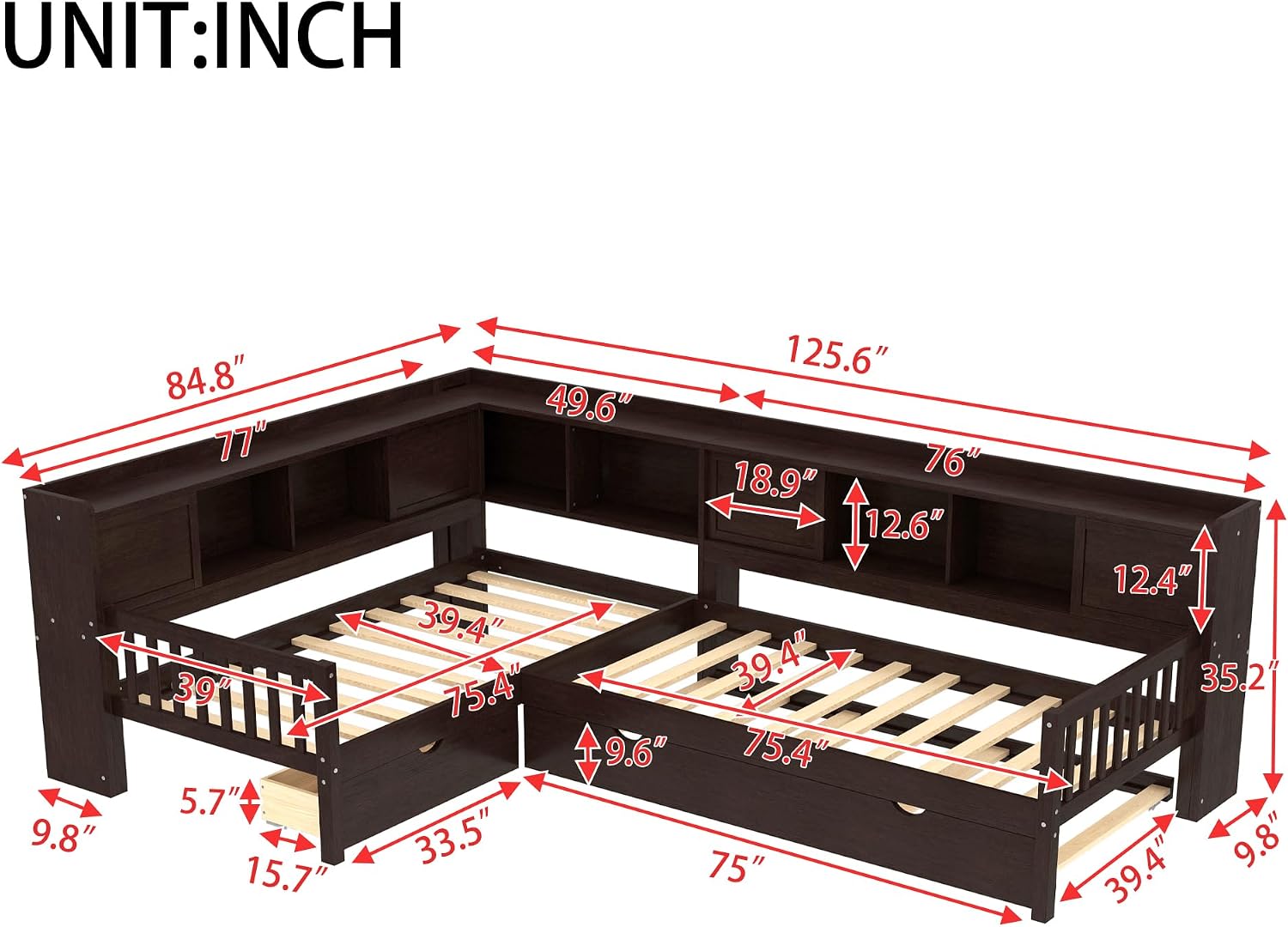 JIJIWANG L-Shaped Twin Platform Bed with Trundle & Storage Shelves, Solid Wood Space-Saving Corner Bed with Drawers, No Spring Box Needed, for Bedroom,Espresso