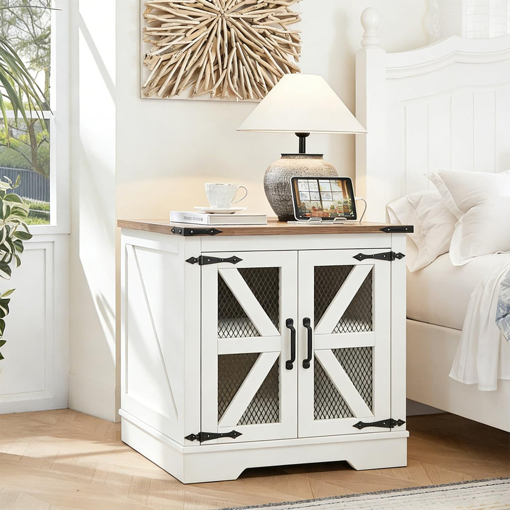 White Farmhouse End Table with Charging Station, 24' Wood Sofa Side Table with Mesh Barn Door, Rustic Nightstand with Hidden Storage for Living Room, Square