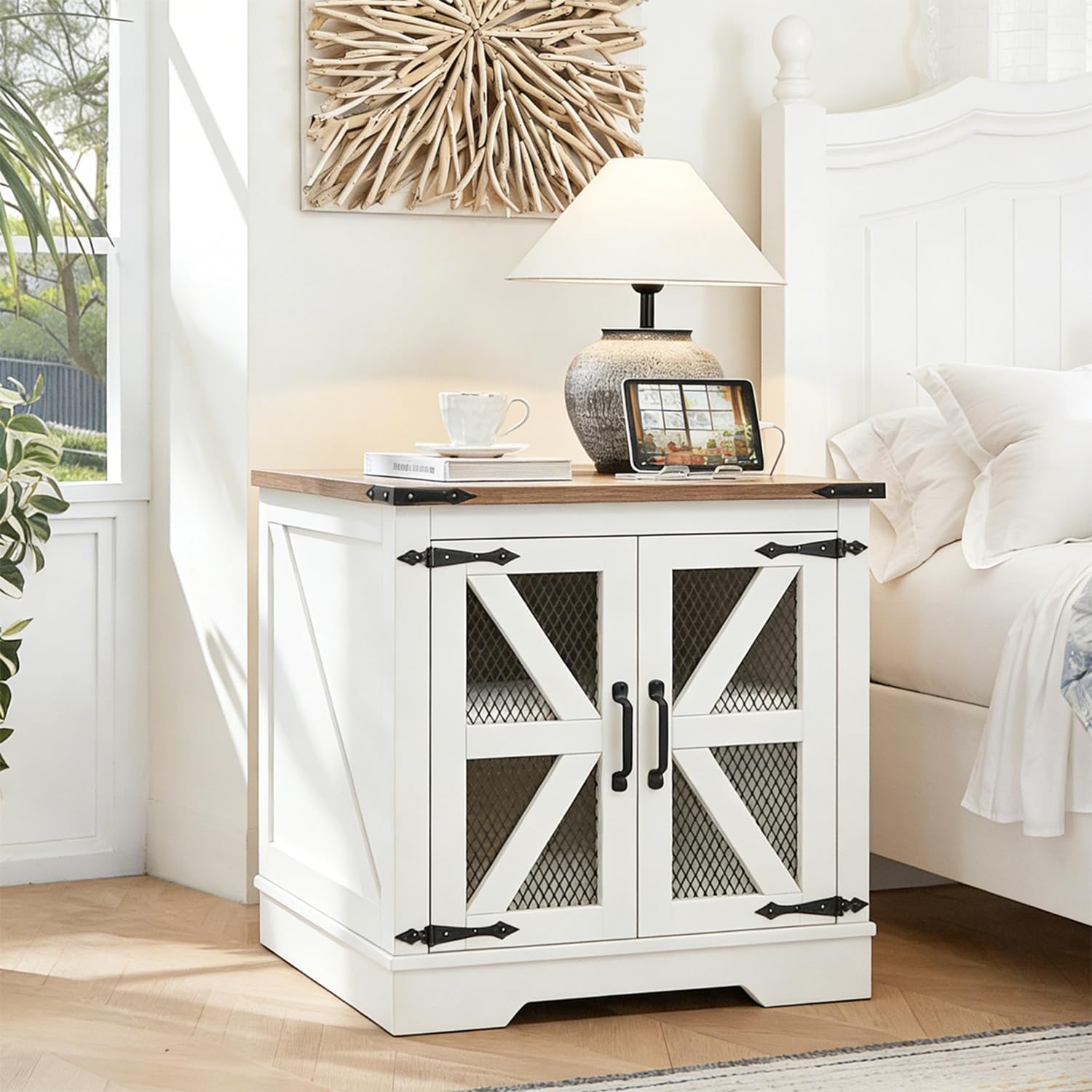 White Farmhouse End Table with Charging Station, 24' Wood Sofa Side Table with Mesh Barn Door, Rustic Nightstand with Hidden Storage for Living Room, Square