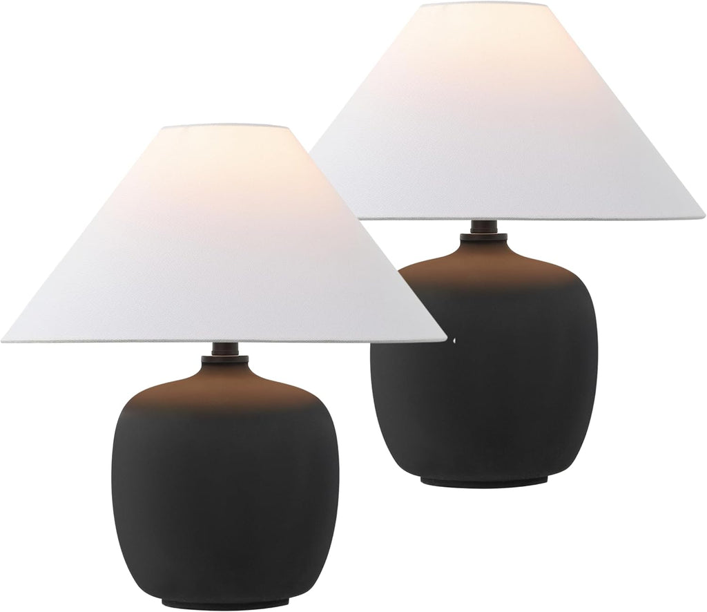 JONATHAN Y 18.25' Matte Black Minimalist Table Lamps Set of 2 for Bedroom, White Linen Shade, Modern Scandinavian Bedside Lamps for Living Room Nightstand, LED Bulbs Included JYL5600A-SET2