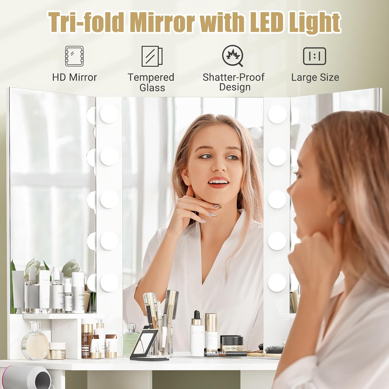 LOKO Corner Makeup Vanity Desk, Makeup Dresser Table with 3 Color Lighting, Power Outlets, 5 Drawers, Shelves, Makeup Vanity Set for Bedroom, Cloakroom (White)
