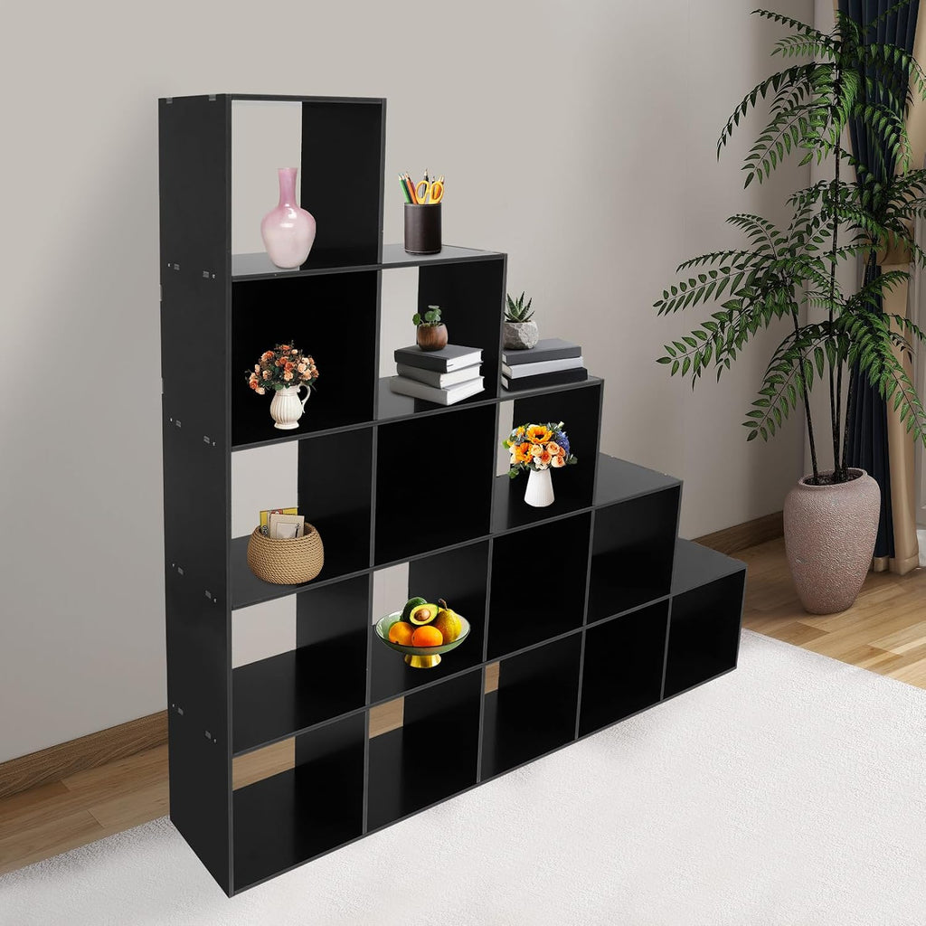 Ladder Cube Storage Bookcase 15-Cube Organizer for Home & Office L-Shaped Corner Shelf Freestanding L-Shaped Stepped Bookcase for Living Room Bedroom (Black, 15-Cube)