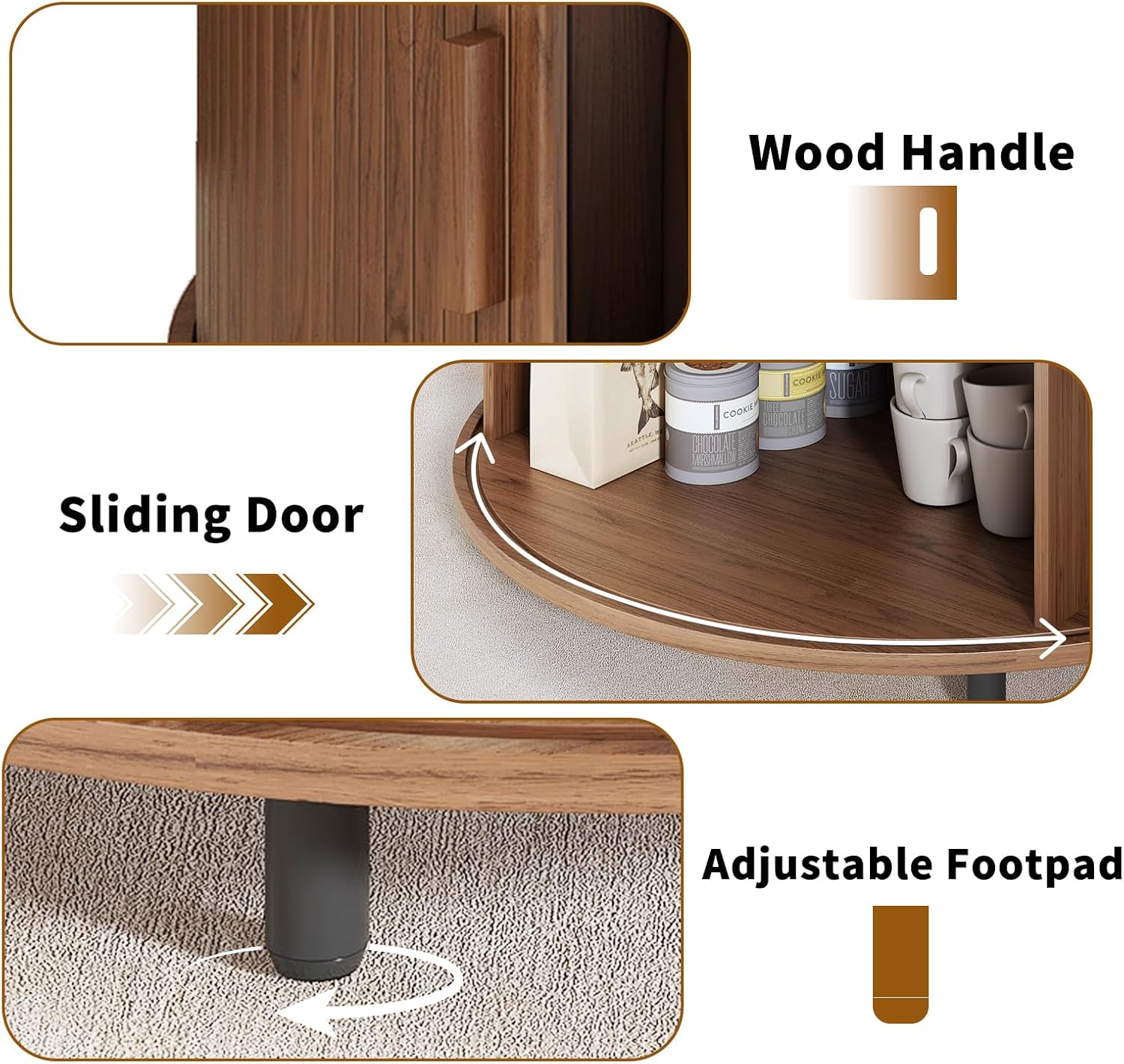 31.5 Inch Round Coffee Table, Fluted Coffee Tables with Storage, Mid-Century Modern Center Tables, Living Room Table with Sliding Door and Wood Handle for Living Room, Walnut