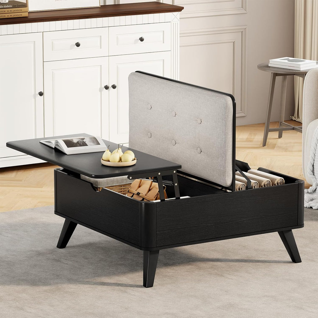 VOPEAK Lift Top Coffee Table with Storage, Large Square Coffee Table with Thickened Cushion, Family Gathering Center Table, Modern Wooden Coffee Tables for Living Room, Solid Wood Legs, Black