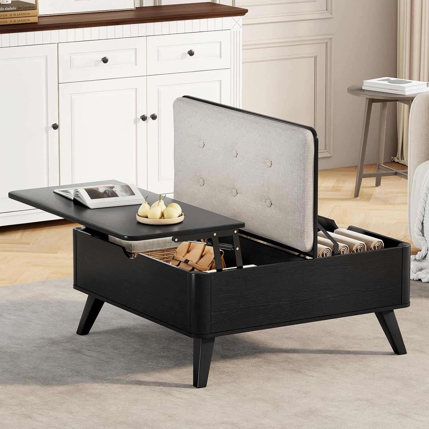 VOPEAK Lift Top Coffee Table with Storage, Large Square Coffee Table with Thickened Cushion, Family Gathering Center Table, Modern Wooden Coffee Tables for Living Room, Solid Wood Legs, Black