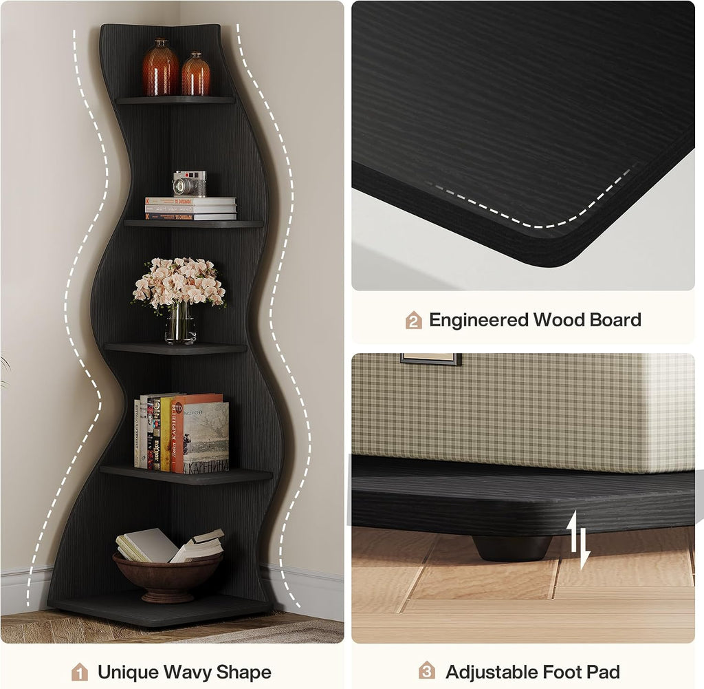 Tribesigns Wavy Corner Shelf Set of 2, Modern 5-Tier Bookshelf Etagere Bookcase with Curvy Shape, Unique Plant Stand Display Shelf for Living Room Small Space (Black)