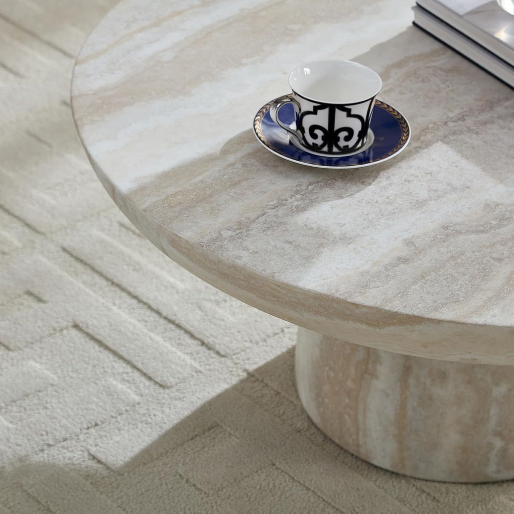 31.5' Modern Faux Marble Coffee Table, Round Stone Coffee Table with Cylindrical Leg, Fiberglass Drum Circle Center Table, Sofa Side End Tables for Living Room Apartment Home Cocktail Tea