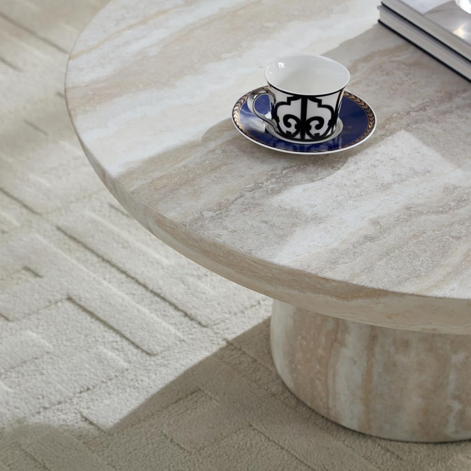 31.5' Modern Faux Marble Coffee Table, Round Stone Coffee Table with Cylindrical Leg, Fiberglass Drum Circle Center Table, Sofa Side End Tables for Living Room Apartment Home Cocktail Tea