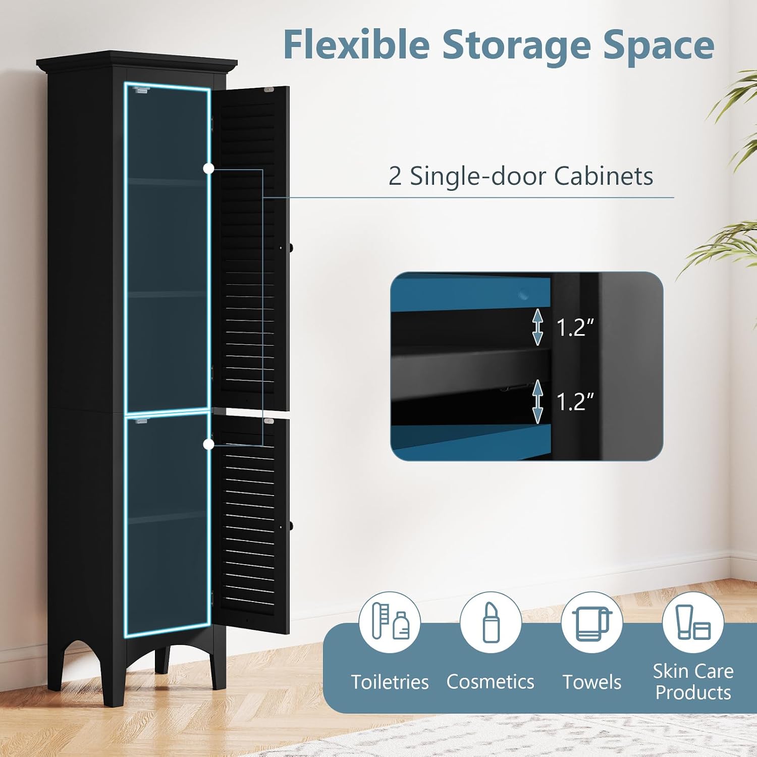Giantex 63' Tall Bathroom Cabinet, Narrow Floor Cabinet w/ 2 Louvered Doors & Adjustable Shelf, Elevated Legs & Anti-toppling Design, Freestanding Storage Organizer for Bathroom, Living Room, Kitchen