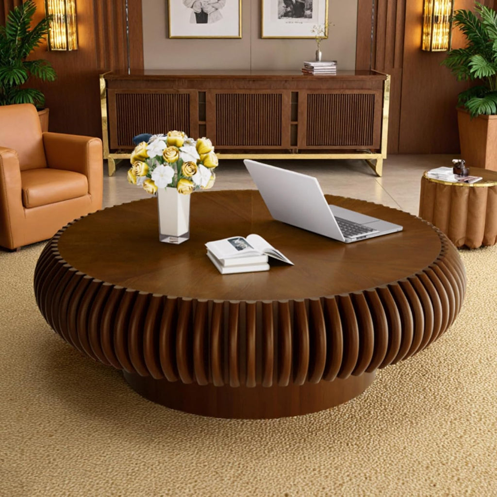 Fluted Drum Coffee Table Round Coffee Table for Living Room Mid Century Modern Coffee Tables with Sturdy Pedestal Circle Center Tea Table Accent Tea Table for Small Space Apartment (39.4inch Walnut)