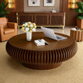 Fluted Drum Coffee Table Round Coffee Table for Living Room Mid Century Modern Coffee Tables with Sturdy Pedestal Circle Center Tea Table Accent Tea Table for Small Space Apartment (39.4inch Walnut)
