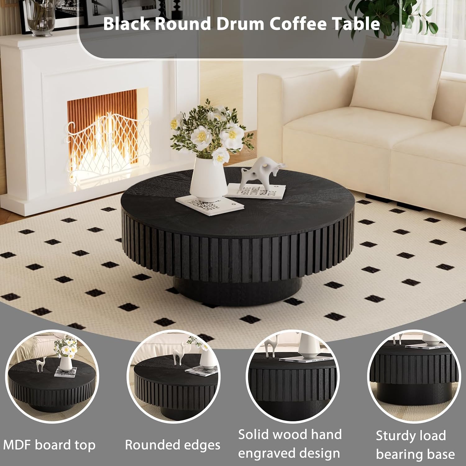 31.49'' Round Drum Coffee Table with Storage Space, Modern Wood Circle Fluted Coffee Tables Handcrafted Fluted Center Table for Living Room Apartment, Easy Assembly