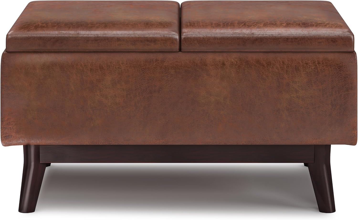 SIMPLIHOME Owen Tray Top Small Coffee Table Storage Ottoman - 34 inch Wide Upholstered Vegan Leather Rectangular Flip-Top Ottoman in Distressed Saddle Brown, Mid-Century Modern Ottoman for Living Room