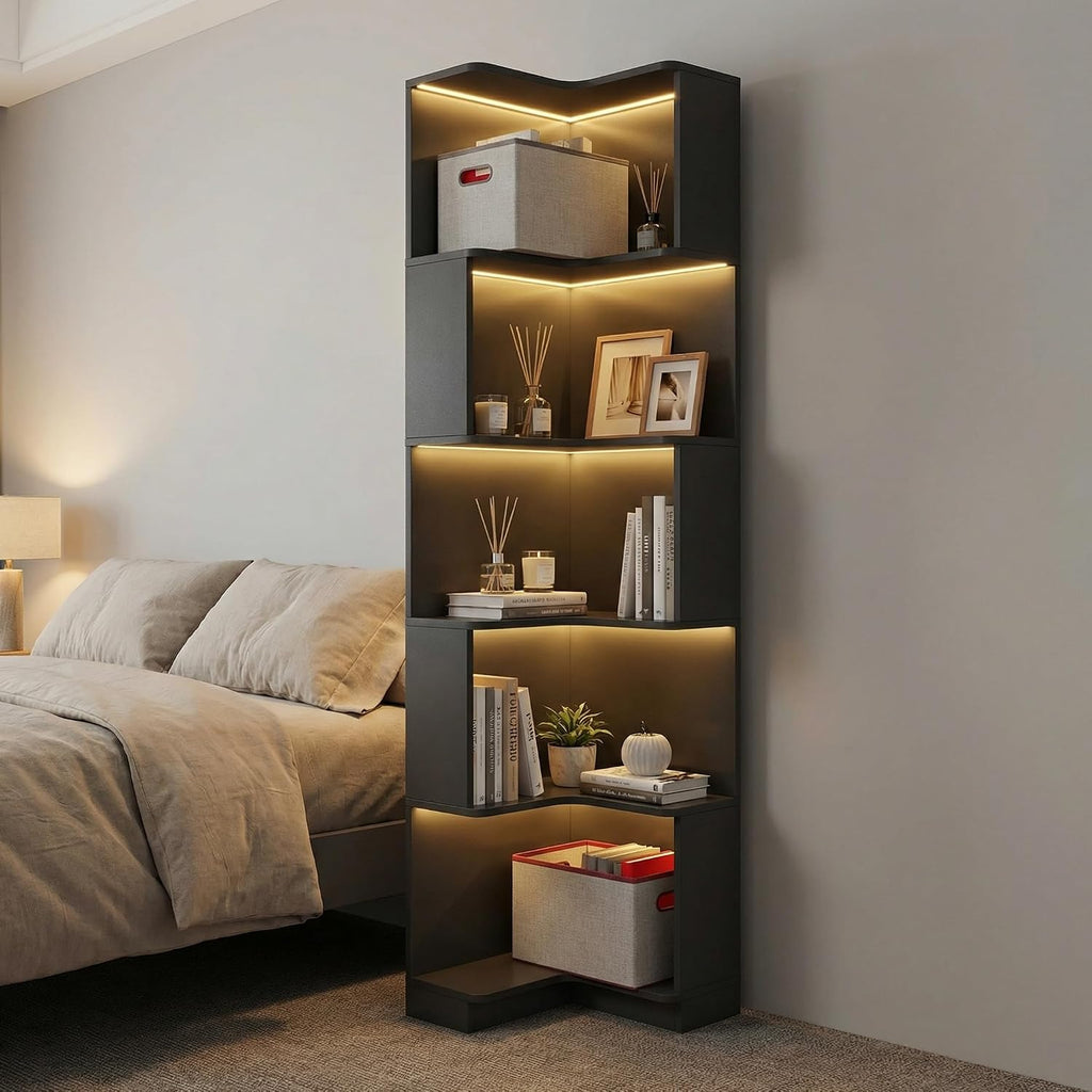 Corner Bookshelf, 5 Tier Tall Corner Bookcase with LED Lights, Freestanding L Shaped Open Display Shelf for Living Room, Bedroom, Home Office (Black)