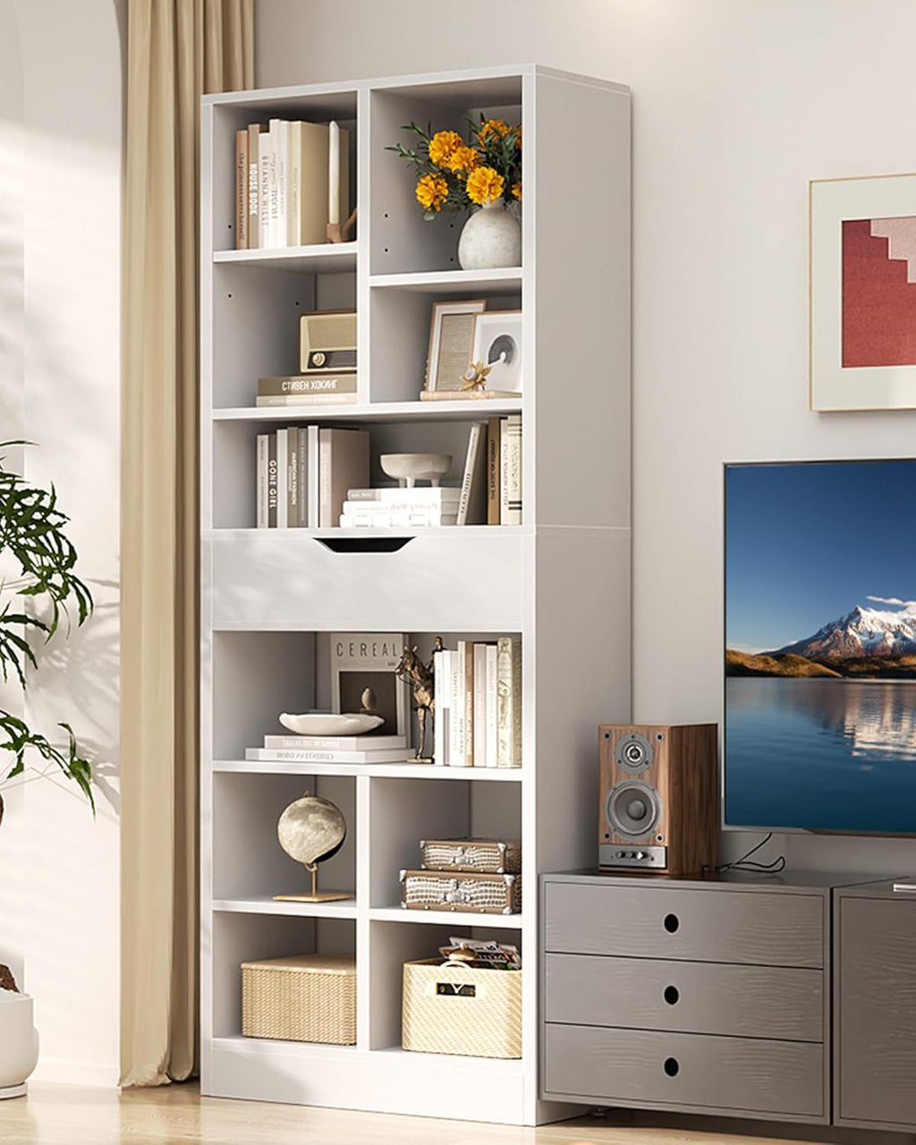 Armocity 8-Tier Tall Bookshelf with Drawer, 73.6' Narrow Freestanding Bookcase, Space-Saving Wood Display Shelves Storage for Living Room, Home Office Bedroom, White