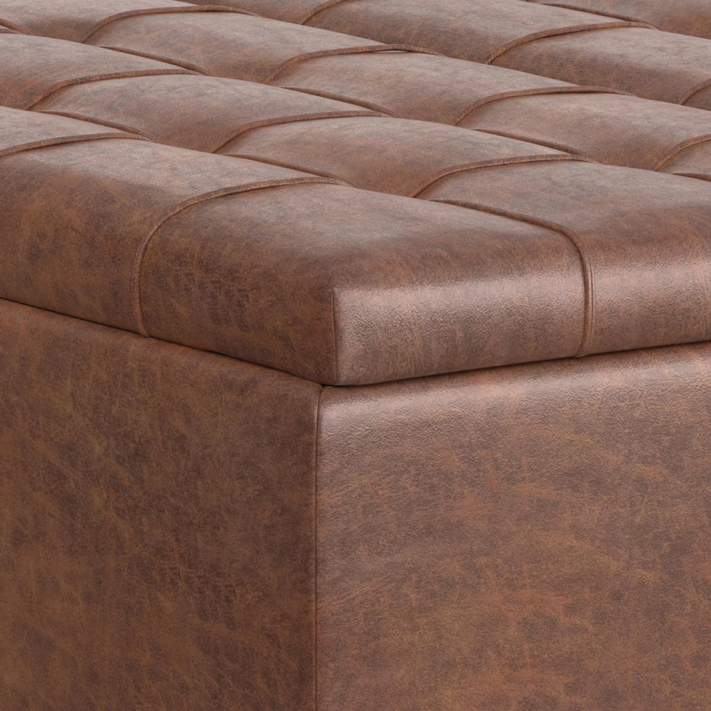 SIMPLIHOME Harrison Large Coffee Table Storage Ottoman - 40 inch Wide Upholstered Vegan Leather Square Lift-Top Ottoman in Distressed Saddle Brown, Transitional Bench for Living Room with Sturdy Base