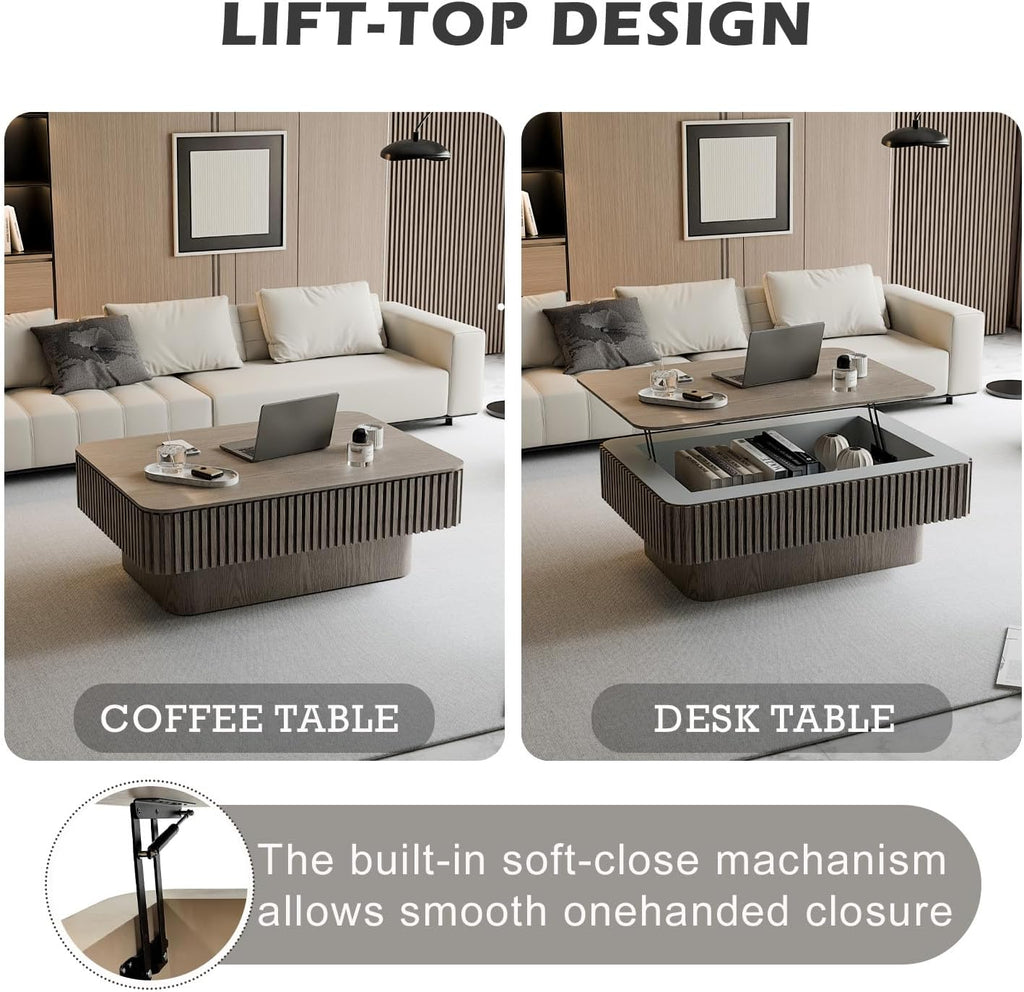 Lift Coffee Table with Storage & Adjustable Height, Rectangle Solid Wood Coffee Table Fluted Center Table Accent Tea Table or Living Room, Apartment, Office (38.6' Grey)