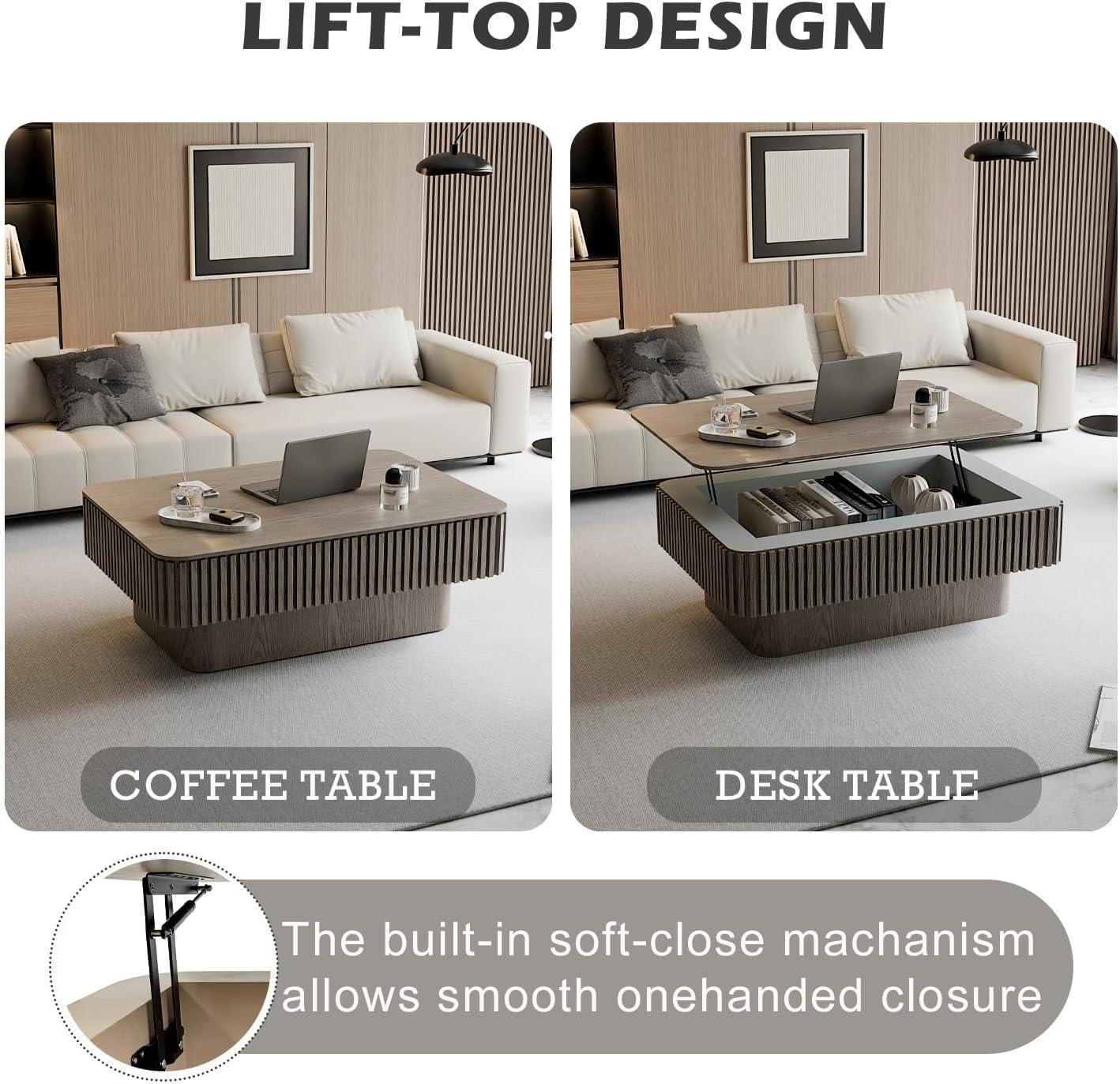 Lift Coffee Table with Storage & Adjustable Height, Rectangle Solid Wood Coffee Table Fluted Center Table Accent Tea Table or Living Room, Apartment, Office (38.6' Grey)