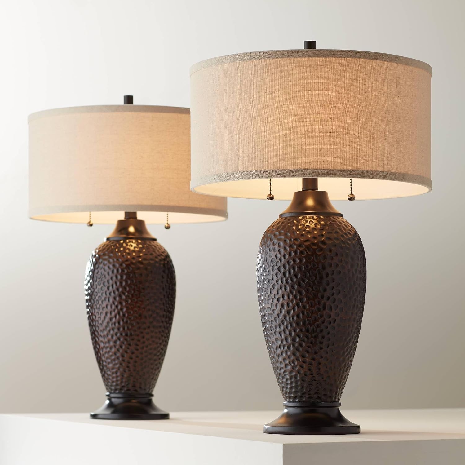 360 Lighting Cody Modern Industrial Rustic Table Lamps 26' High Set of 2 Hammered Oiled Bronze Brown Oatmeal Linen Drum Shade for Living Room Bedroom House Bedside Nightstand Home Office