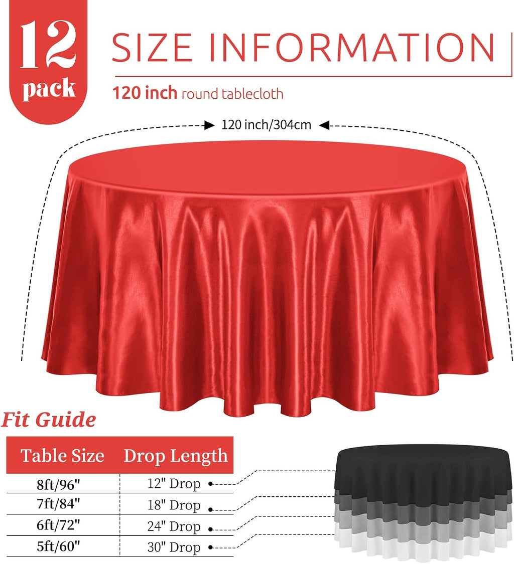 12 Pack 120 Inch Round Tablecloth, Red Satin Fabric Table Cloth for Round Tables, Wrinkle Resistant Washable TableCover Bright Silk Table Clothes for Wedding Party Dining Tables Banquet