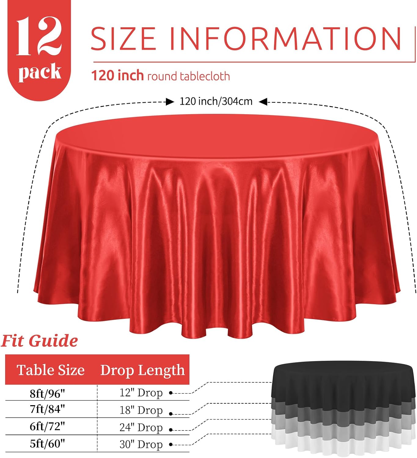 12 Pack 120 Inch Round Tablecloth, Red Satin Fabric Table Cloth for Round Tables, Wrinkle Resistant Washable TableCover Bright Silk Table Clothes for Wedding Party Dining Tables Banquet