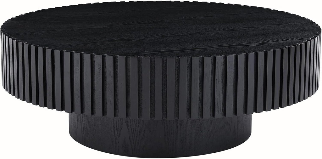 JUSTONE 31.5' Modern Farmhouse Black Round Coffee Table - Wood Drum Accent Table for Living Room,Handcrafted Relief Carving,ø31.5' x 13.8'H (Black)
