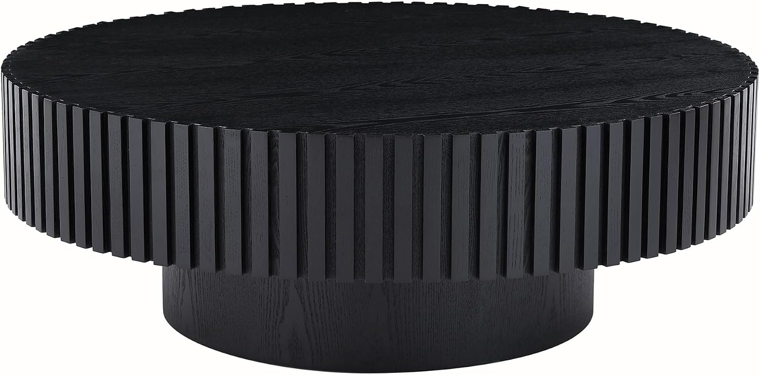 31.49'' Black Round Coffee Table Modern Wood Coffee Table for Living Room, Contemporary Circle Fluted Drum Style, Easy Assembly, Black (ø31.49'' x 13.77'')