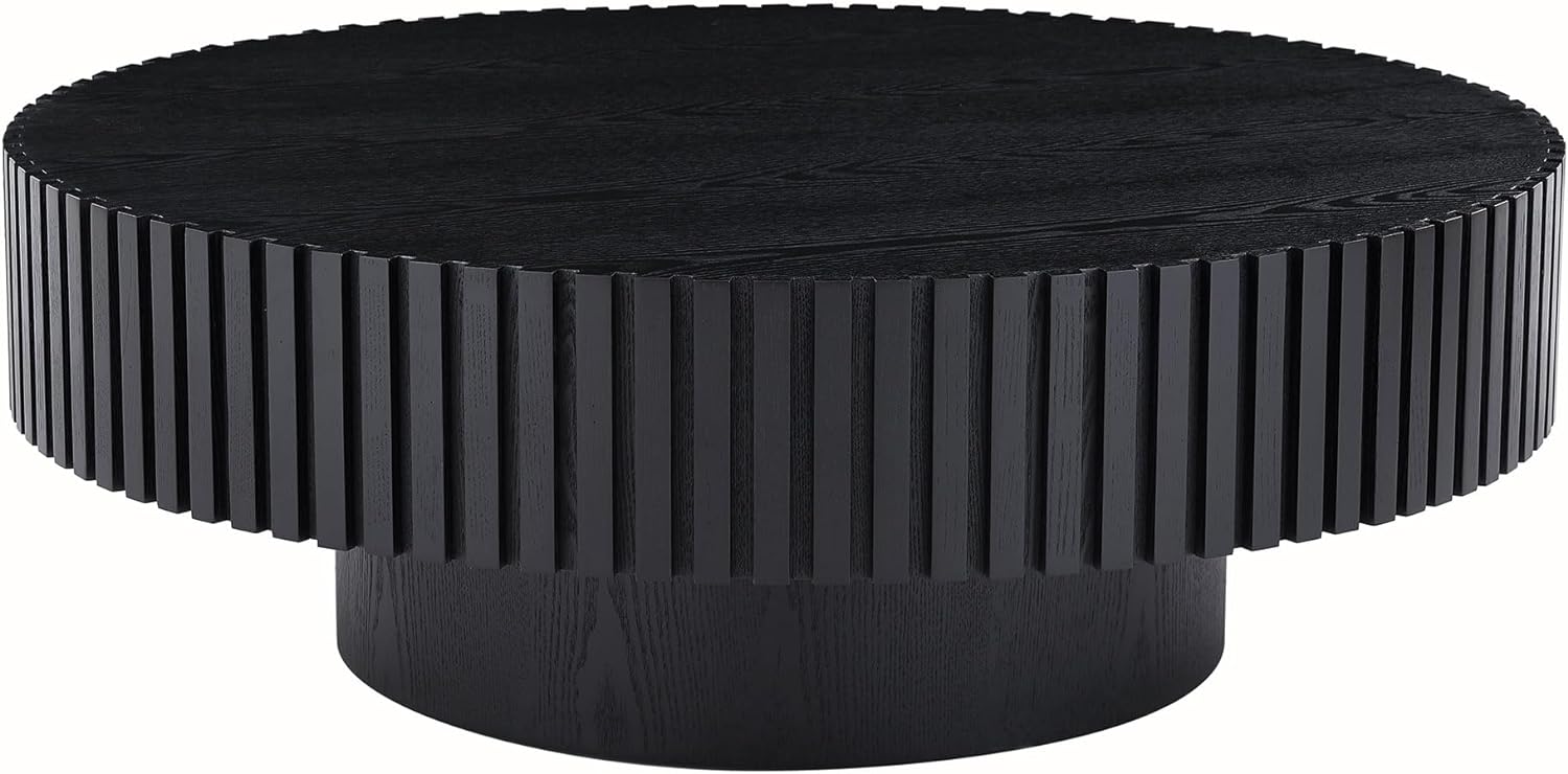35.43'' Black Round Coffee Table Modern Wood Coffee Table for Living Room, Contemporary Circle Fluted Drum Pedestal Style, Easy Assembly, Black (ø35.43'' x 13.77'')