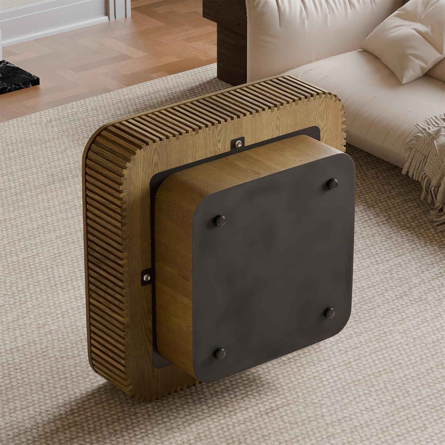 Square Coffee Table for Living Room,Fluted Drum Accent Tea Center Table with Storage,Solid Wood Modern Coffee Tables for Small Space Office Apartment (31.5' L×31.5''W×14''H-Brown)