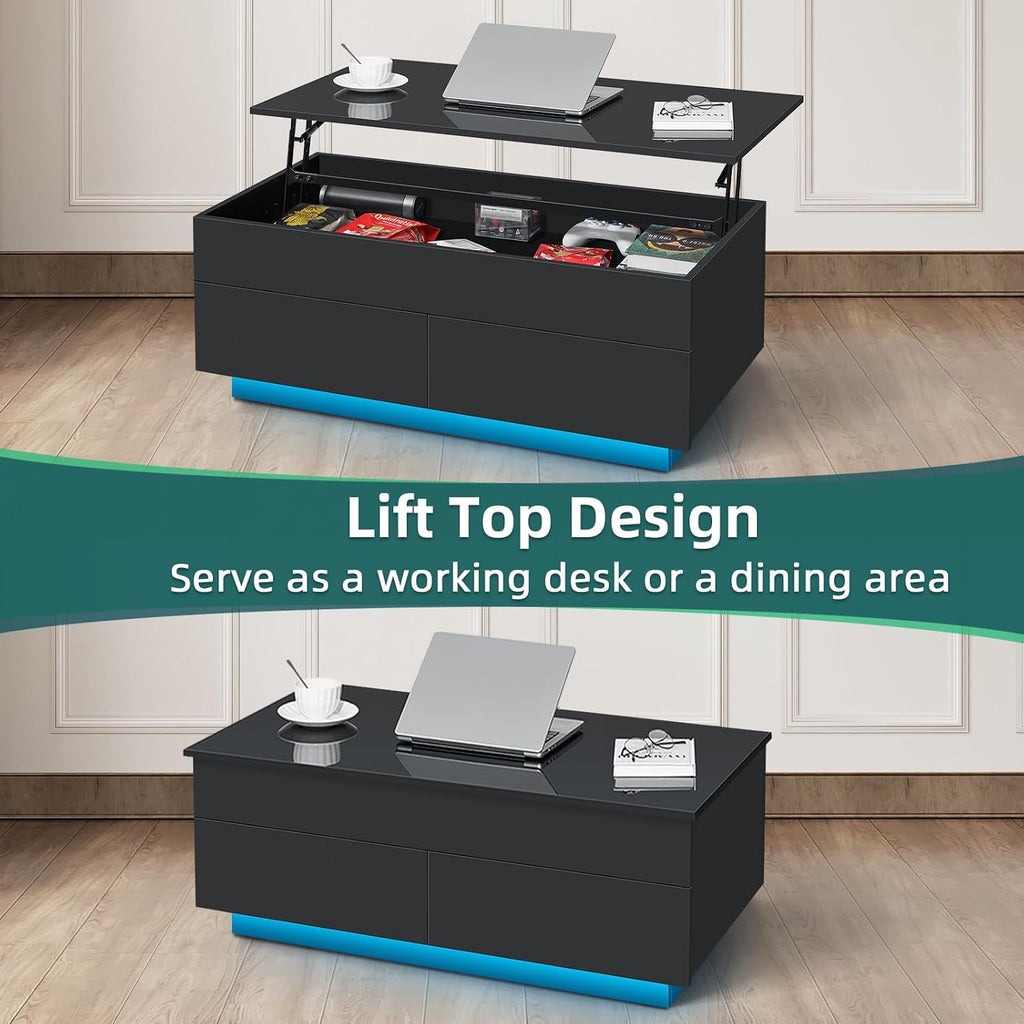 HOMMPA 40'' Lift Top Coffee Table for Living Room, Black Coffee Tables with Storage, LED Modern Coffee Table Rectangular Black Gloss, Flip Top Center Table with 2 Drawers and Hidden Compartment