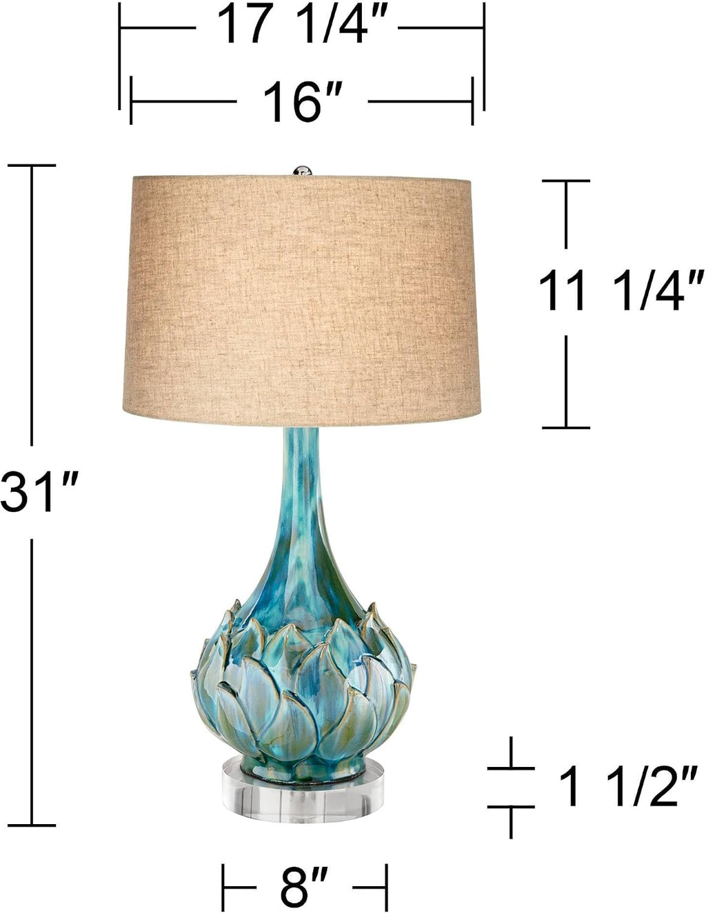Possini Euro Design Kenya Modern Tropical Table Lamp with Riser 31' Tall Blue Green Ceramic Beige Linen Drum Shade for Living Room Bedroom House Bedside Home Office Entryway (Color May Vary)