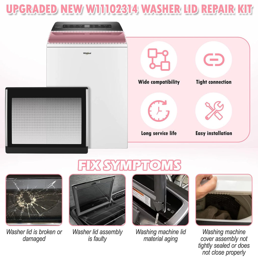 LXun Upgrade W11102314 Washer Lid Assembly Replacement Compatible With Whirlpool Washer Lid Part WP8563965 Left Lid Hinge & WP8572974 Right Lid Hinge & 4 Screws W11404293, Replaces W10594159 W10610172