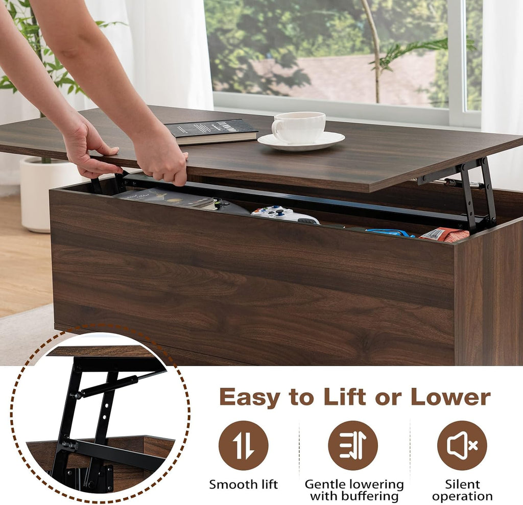 HOMMPA 40'' Lift Top Coffee Table for Living Room, Walnut Coffee Tables with Storage, LED Modern Coffee Table Rectangular Wooden Gloss, Flip Top Center Table with 2 Drawers and Hidden Compartment